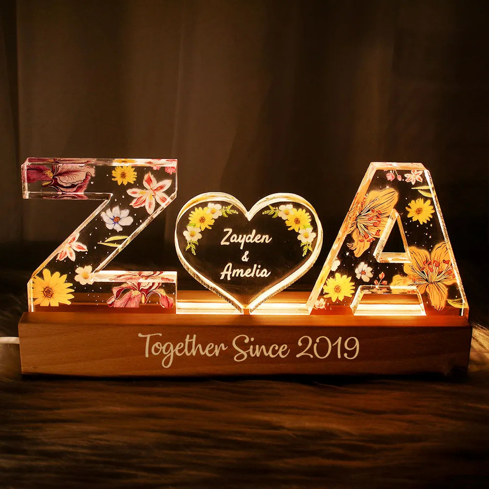 Personalized LED Acrylic Night Light – Couple Initials & Floral Design