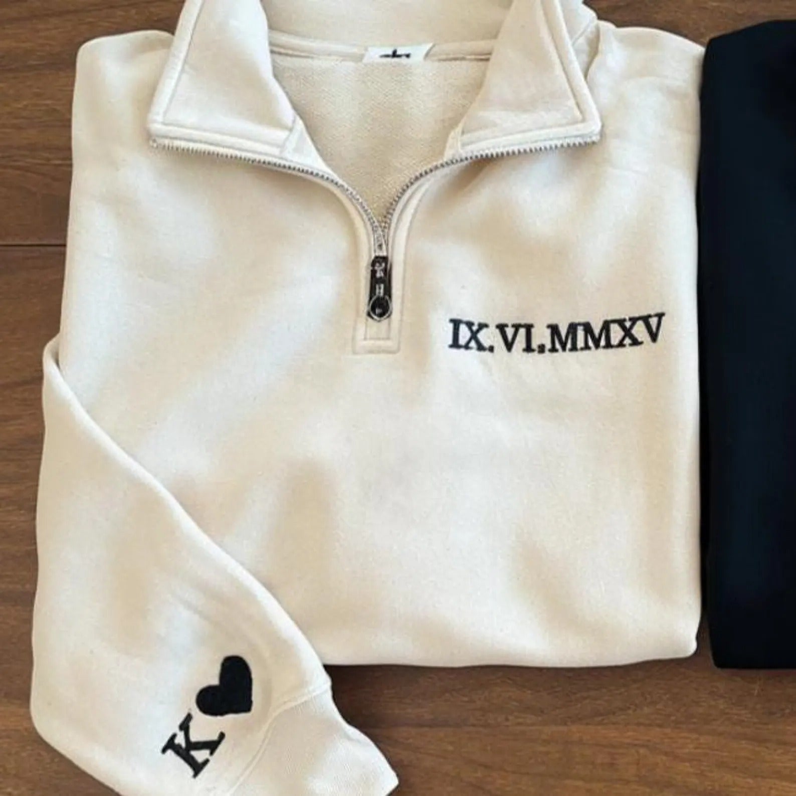 Embroidered Roman Numeral Quarter Zip Sweatshirt with Personalized Special Date, Romantic Couple Gift