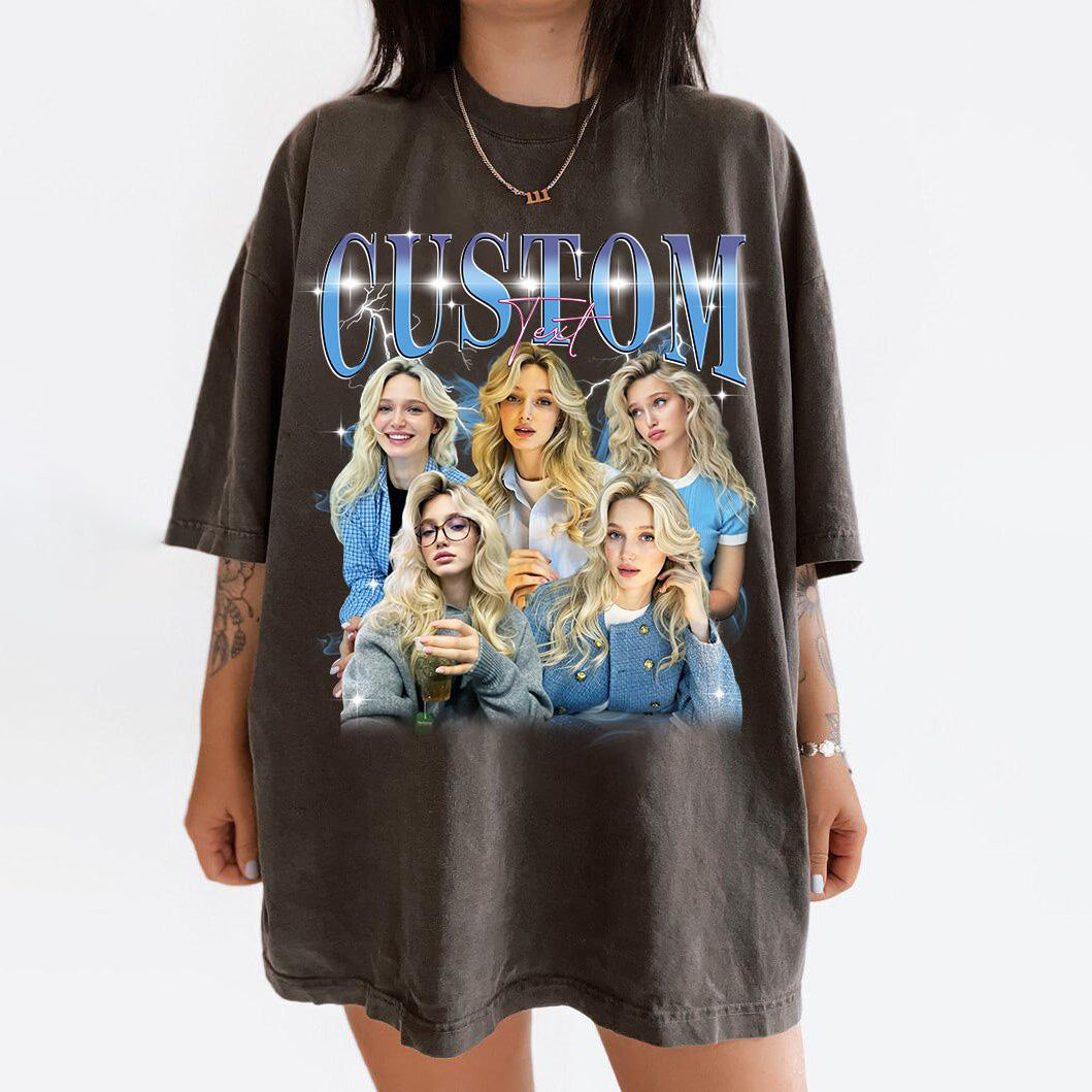 Custom Photo Bootleg Girlfriend 6 Face 90s Retro Vintage T-Shirt,  Pictures Tee for Couple