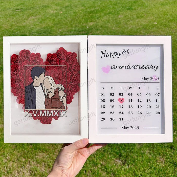 Custom Heart Shape Couple Portrait Flower Shadow Box Calendar Frame