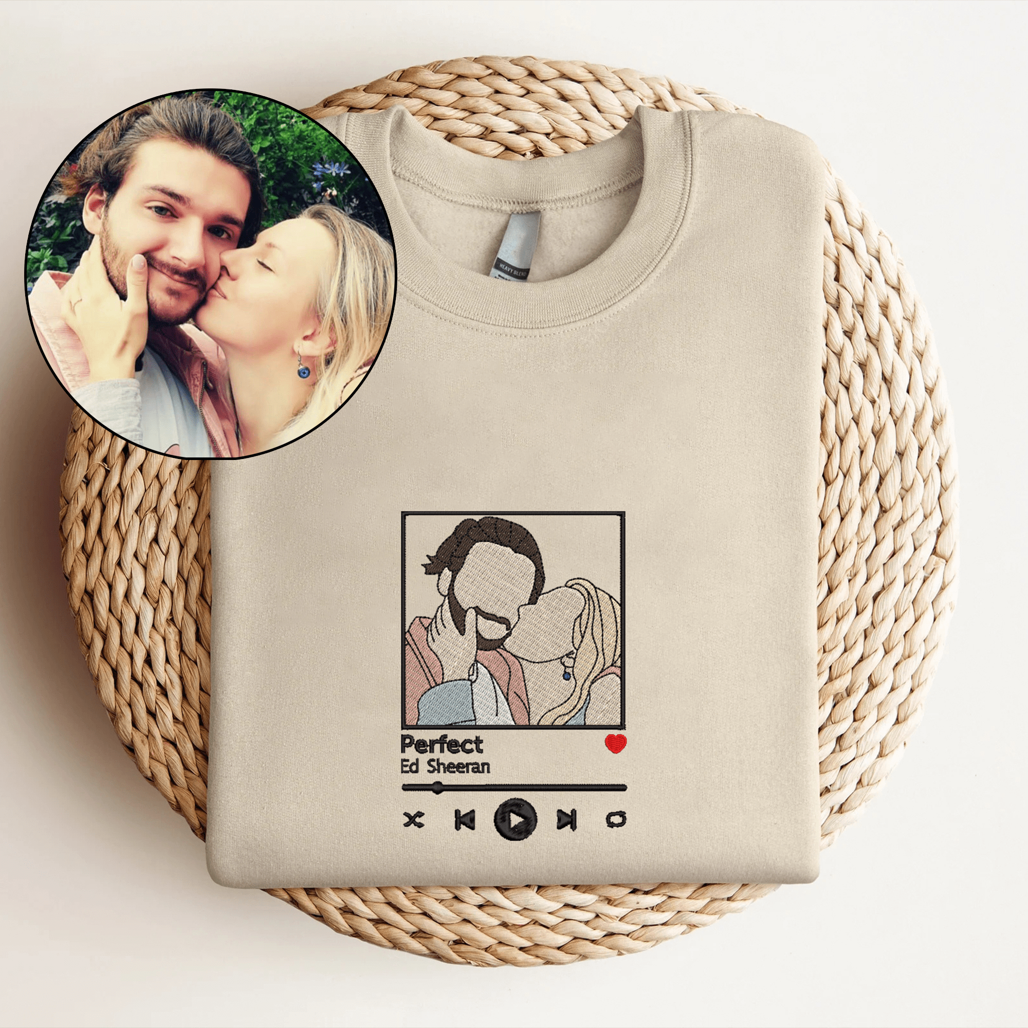 Custom Embroidered Sweatshirt Portrait Music Player Gift For Couple