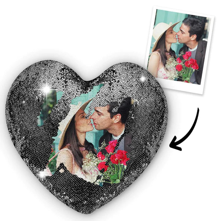 Custom Couple Photo Heart Magic Sequins Pillow Multicolor Sequin Cushion
