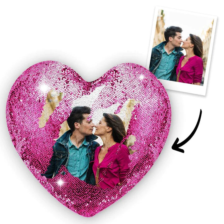 Custom Couple Photo Heart Magic Sequins Pillow Multicolor Sequin Cushion